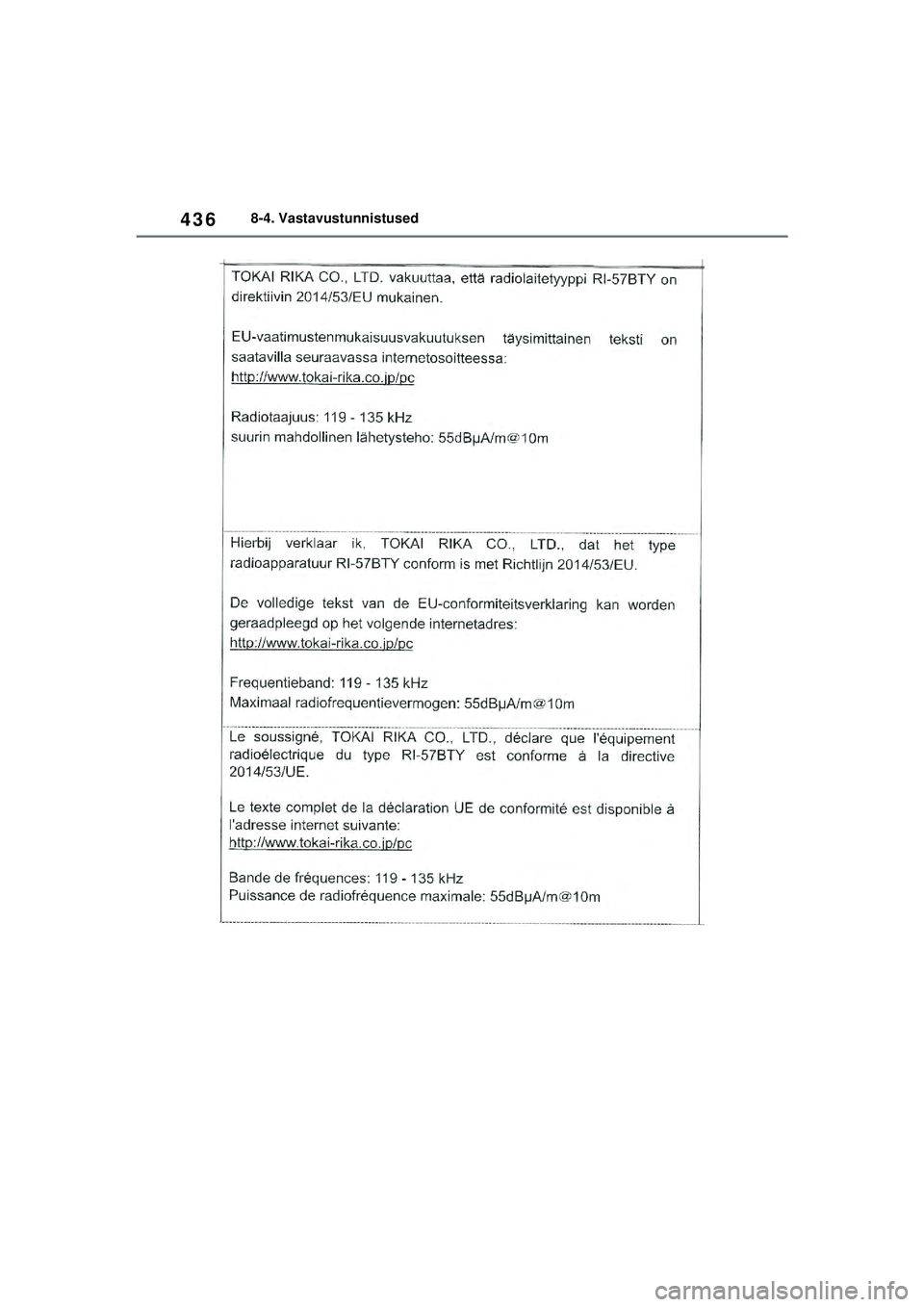 TOYOTA YARIS 2022  Kasutusjuhend (in Estonian) 436
Owners Manual_Europe_M52M05_EE
8-4. Vastavustunnistused
Yaris_OM_Europe_OM52M05EE.book  Page 436  Thursday, March 17, 2022  7:54 PM 