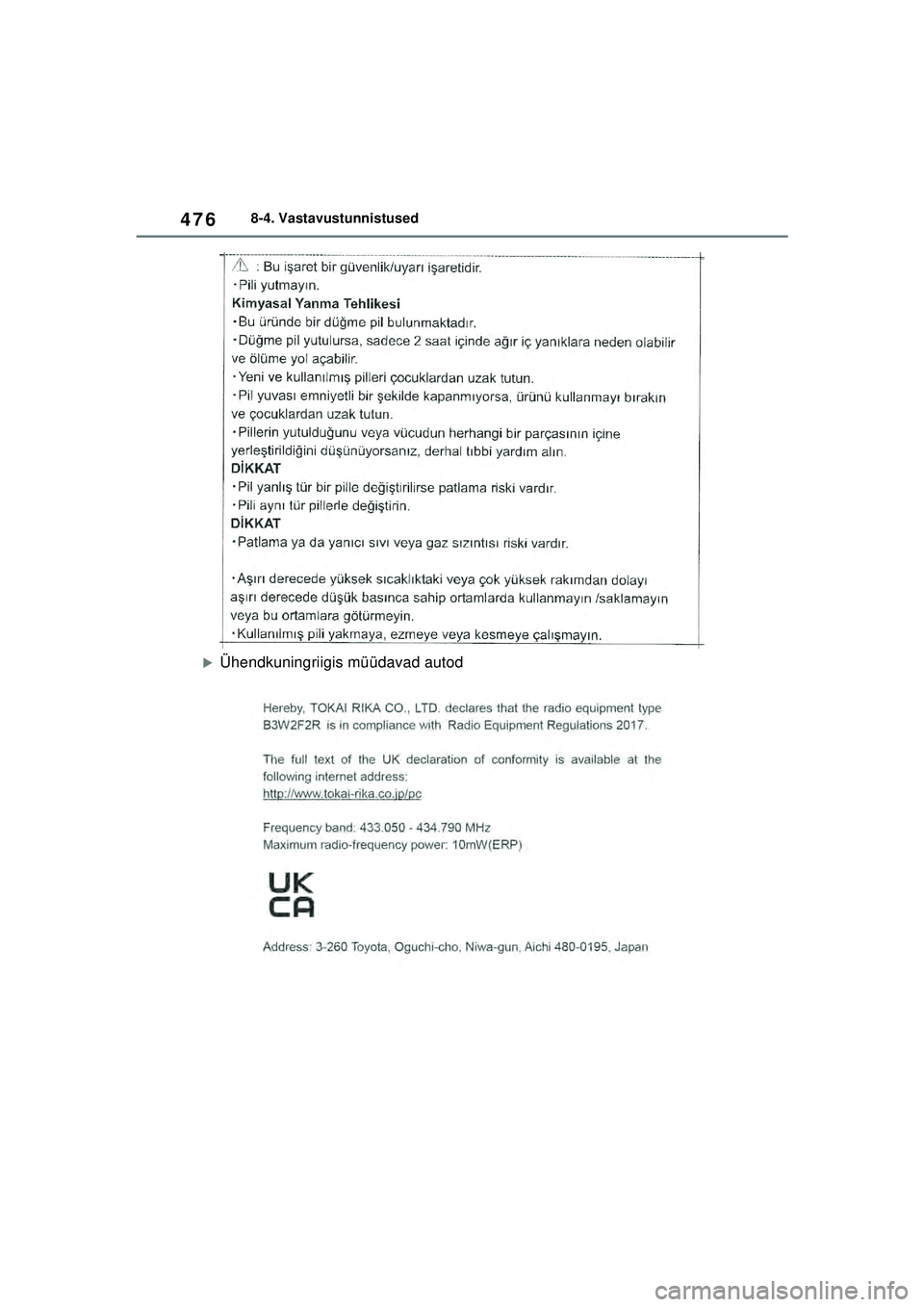 TOYOTA YARIS 2022  Kasutusjuhend (in Estonian) 476
Owners Manual_Europe_M52M05_EE
8-4. Vastavustunnistused
�XÜhendkuningriigis müüdavad autod
Yaris_OM_Europe_OM52M05EE.book  Page 476  Thursday, March 17, 2022  7:54 PM 