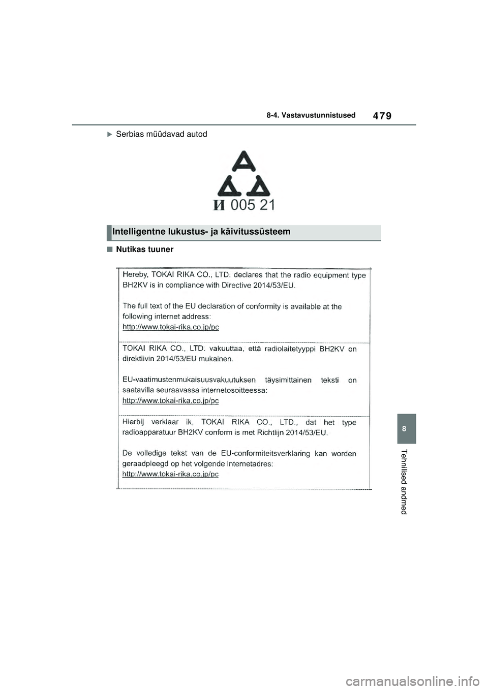 TOYOTA YARIS 2022  Kasutusjuhend (in Estonian) 479
8
Owners Manual_Europe_M52M05_EE
8-4. Vastavustunnistused
Tehnilised andmed
�XSerbias müüdavad autod
■Nutikas tuuner
Intelligentne lukustus- ja käivitussüsteem
Yaris_OM_Europe_OM52M05EE.book