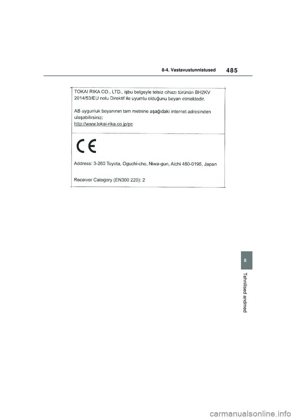 TOYOTA YARIS 2022  Kasutusjuhend (in Estonian) 485
8
Owners Manual_Europe_M52M05_EE
8-4. Vastavustunnistused
Tehnilised andmed
Yaris_OM_Europe_OM52M05EE.book  Page 485  Thursday, March 17, 2022  7:54 PM 
