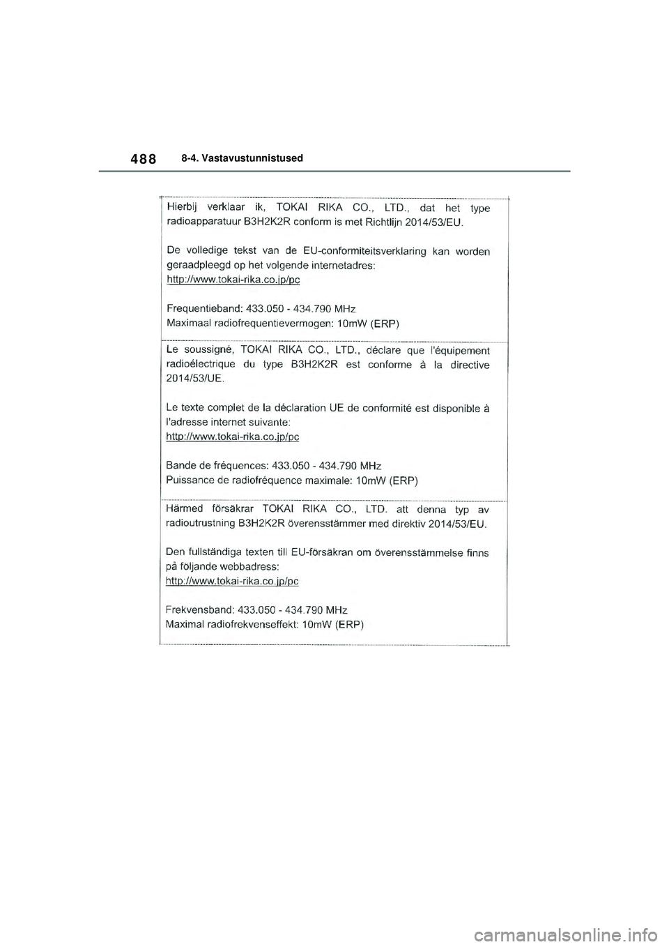 TOYOTA YARIS 2022  Kasutusjuhend (in Estonian) 488
Owners Manual_Europe_M52M05_EE
8-4. Vastavustunnistused
Yaris_OM_Europe_OM52M05EE.book  Page 488  Thursday, March 17, 2022  7:54 PM 