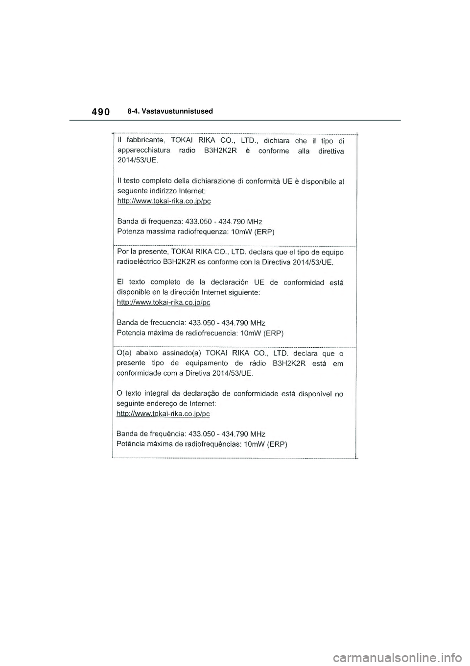 TOYOTA YARIS 2022  Kasutusjuhend (in Estonian) 490
Owners Manual_Europe_M52M05_EE
8-4. Vastavustunnistused
Yaris_OM_Europe_OM52M05EE.book  Page 490  Thursday, March 17, 2022  7:54 PM 
