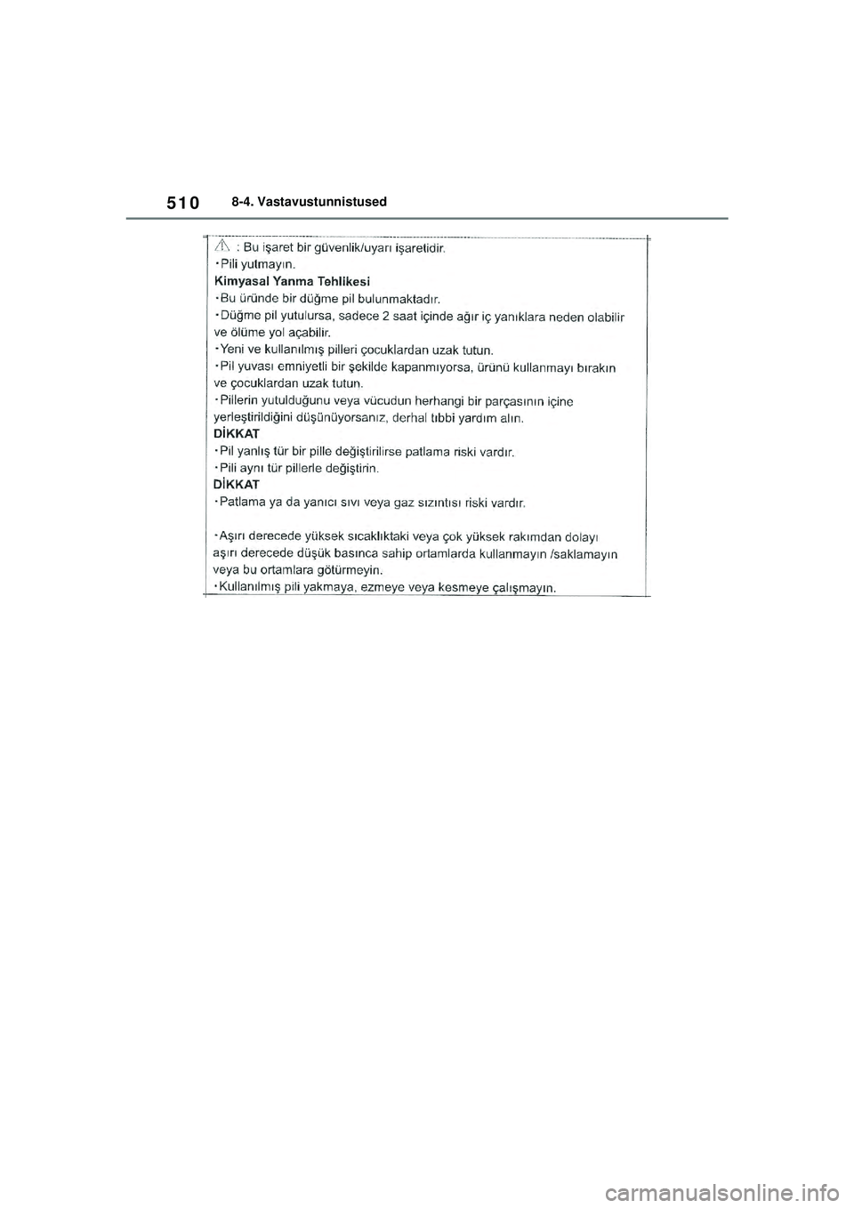 TOYOTA YARIS 2022  Kasutusjuhend (in Estonian) 510
Owners Manual_Europe_M52M05_EE
8-4. Vastavustunnistused
Yaris_OM_Europe_OM52M05EE.book  Page 510  Thursday, March 17, 2022  7:54 PM 