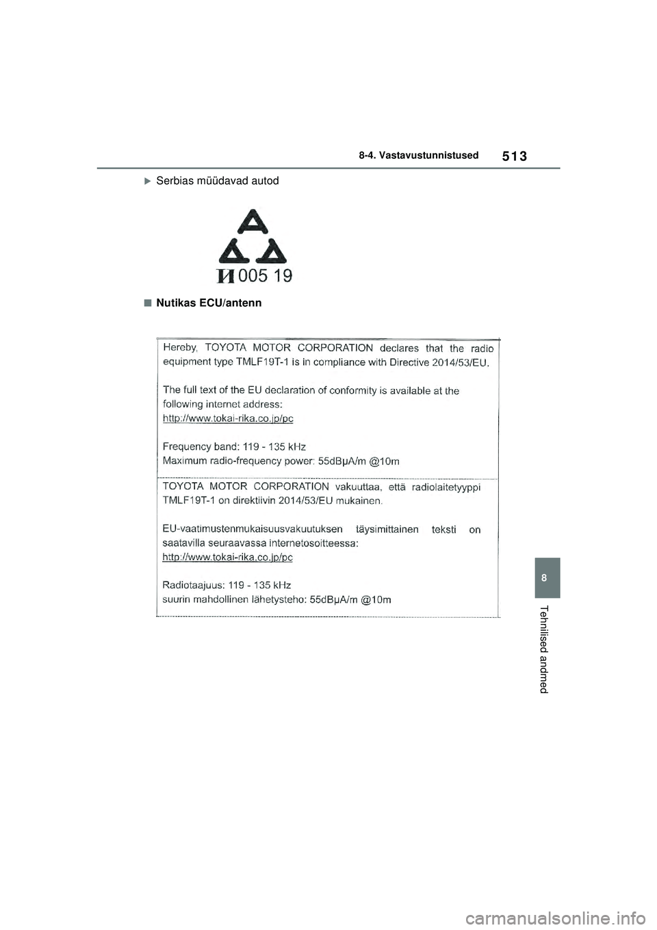 TOYOTA YARIS 2022  Kasutusjuhend (in Estonian) 513
8
Owners Manual_Europe_M52M05_EE
8-4. Vastavustunnistused
Tehnilised andmed
�XSerbias müüdavad autod
■Nutikas ECU/antenn
Yaris_OM_Europe_OM52M05EE.book  Page 513  Thursday, March 17, 2022  7:5