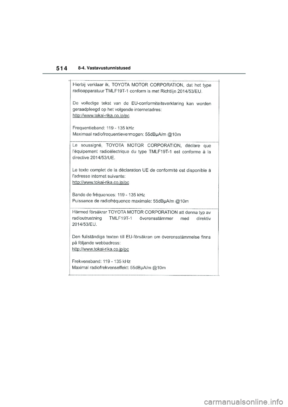 TOYOTA YARIS 2022  Kasutusjuhend (in Estonian) 514
Owners Manual_Europe_M52M05_EE
8-4. Vastavustunnistused
Yaris_OM_Europe_OM52M05EE.book  Page 514  Thursday, March 17, 2022  7:54 PM 
