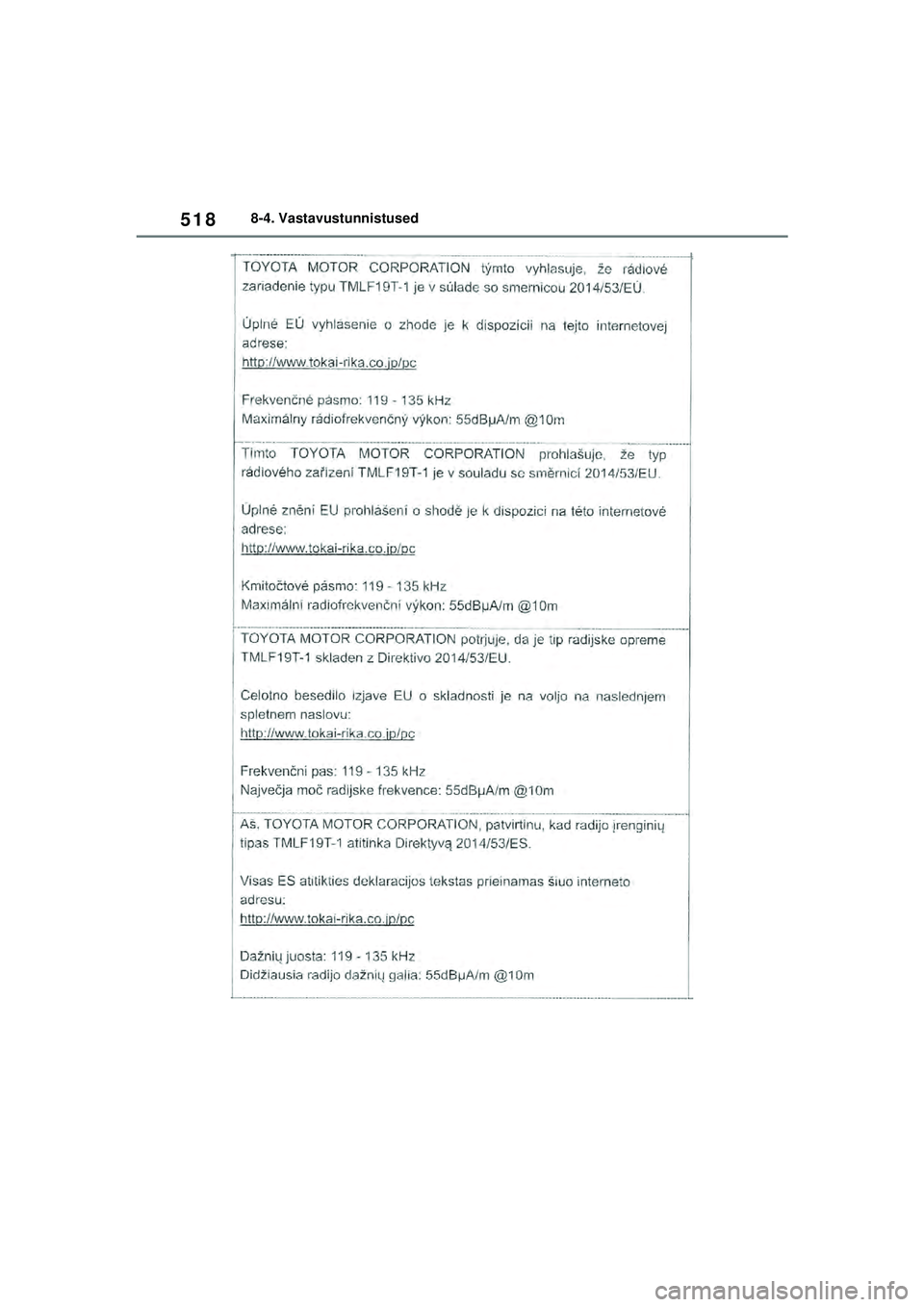 TOYOTA YARIS 2022  Kasutusjuhend (in Estonian) 518
Owners Manual_Europe_M52M05_EE
8-4. Vastavustunnistused
Yaris_OM_Europe_OM52M05EE.book  Page 518  Thursday, March 17, 2022  7:54 PM 