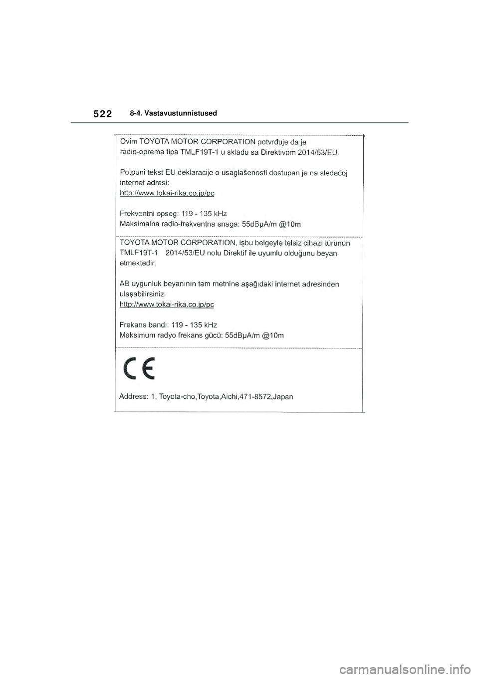 TOYOTA YARIS 2022  Kasutusjuhend (in Estonian) 522
Owners Manual_Europe_M52M05_EE
8-4. Vastavustunnistused
Yaris_OM_Europe_OM52M05EE.book  Page 522  Thursday, March 17, 2022  7:54 PM 