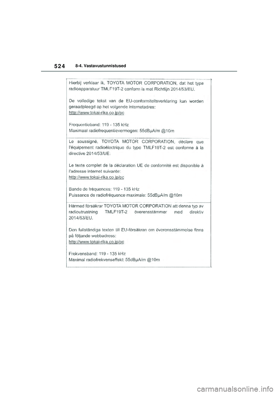 TOYOTA YARIS 2022  Kasutusjuhend (in Estonian) 524
Owners Manual_Europe_M52M05_EE
8-4. Vastavustunnistused
Yaris_OM_Europe_OM52M05EE.book  Page 524  Thursday, March 17, 2022  7:54 PM 