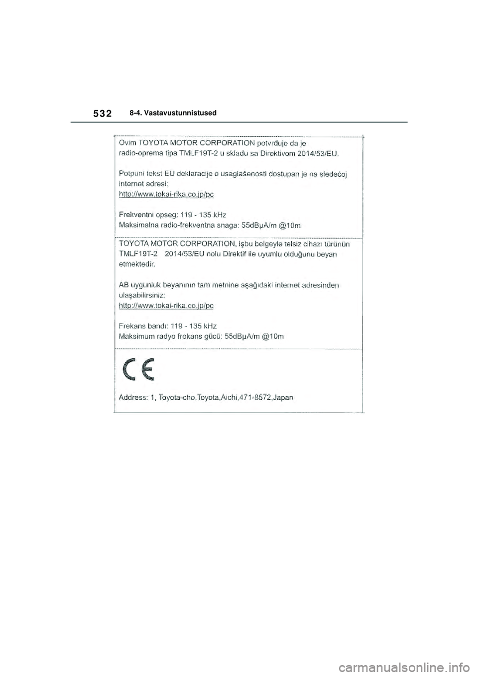 TOYOTA YARIS 2022  Kasutusjuhend (in Estonian) 532
Owners Manual_Europe_M52M05_EE
8-4. Vastavustunnistused
Yaris_OM_Europe_OM52M05EE.book  Page 532  Thursday, March 17, 2022  7:54 PM 