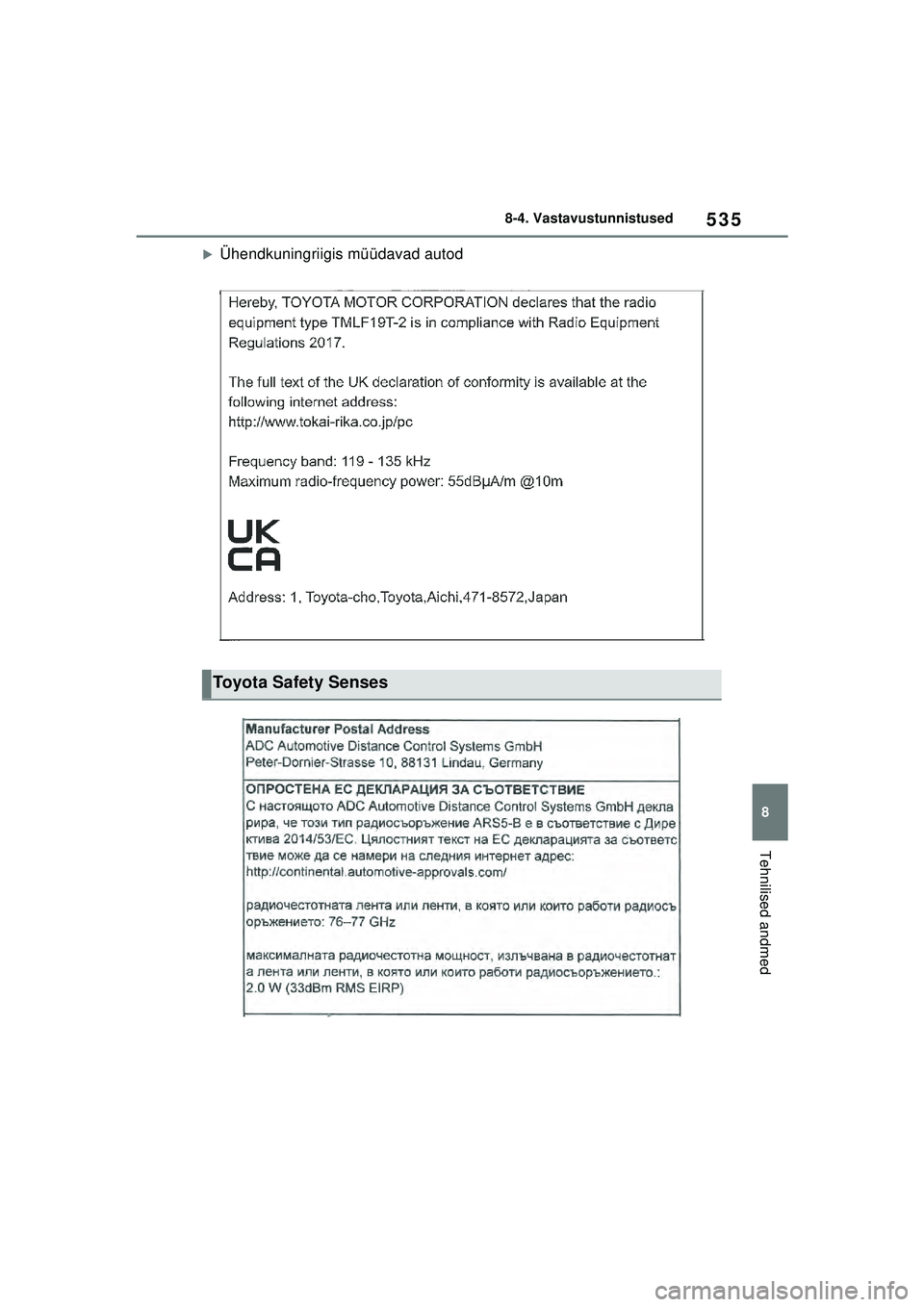 TOYOTA YARIS 2022  Kasutusjuhend (in Estonian) 535
8
Owners Manual_Europe_M52M05_EE
8-4. Vastavustunnistused
Tehnilised andmed
�XÜhendkuningriigis müüdavad autod
Toyota Safety Senses
Yaris_OM_Europe_OM52M05EE.book  Page 535  Thursday, March 17,