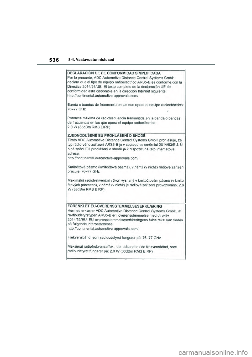 TOYOTA YARIS 2022  Kasutusjuhend (in Estonian) 536
Owners Manual_Europe_M52M05_EE
8-4. Vastavustunnistused
Yaris_OM_Europe_OM52M05EE.book  Page 536  Thursday, March 17, 2022  7:54 PM 