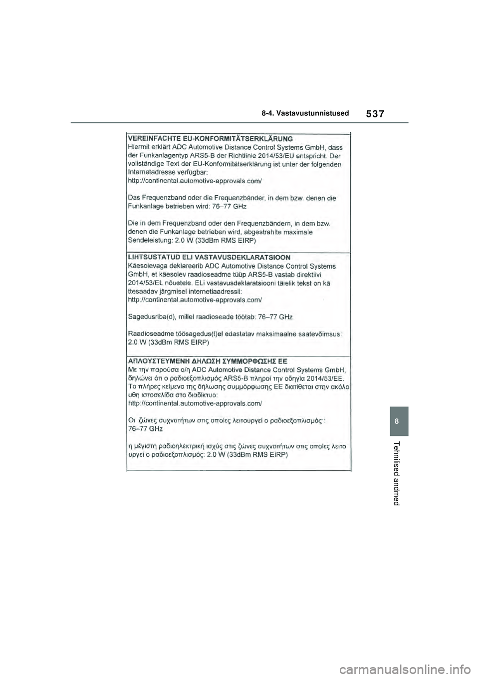 TOYOTA YARIS 2022  Kasutusjuhend (in Estonian) 537
8
Owners Manual_Europe_M52M05_EE
8-4. Vastavustunnistused
Tehnilised andmed
Yaris_OM_Europe_OM52M05EE.book  Page 537  Thursday, March 17, 2022  7:54 PM 