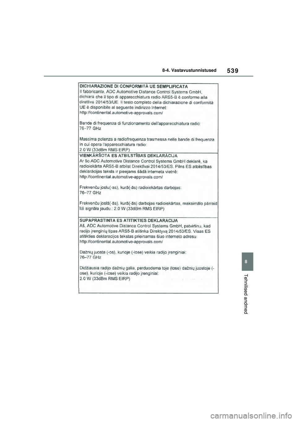 TOYOTA YARIS 2022  Kasutusjuhend (in Estonian) 539
8
Owners Manual_Europe_M52M05_EE
8-4. Vastavustunnistused
Tehnilised andmed
Yaris_OM_Europe_OM52M05EE.book  Page 539  Thursday, March 17, 2022  7:54 PM 