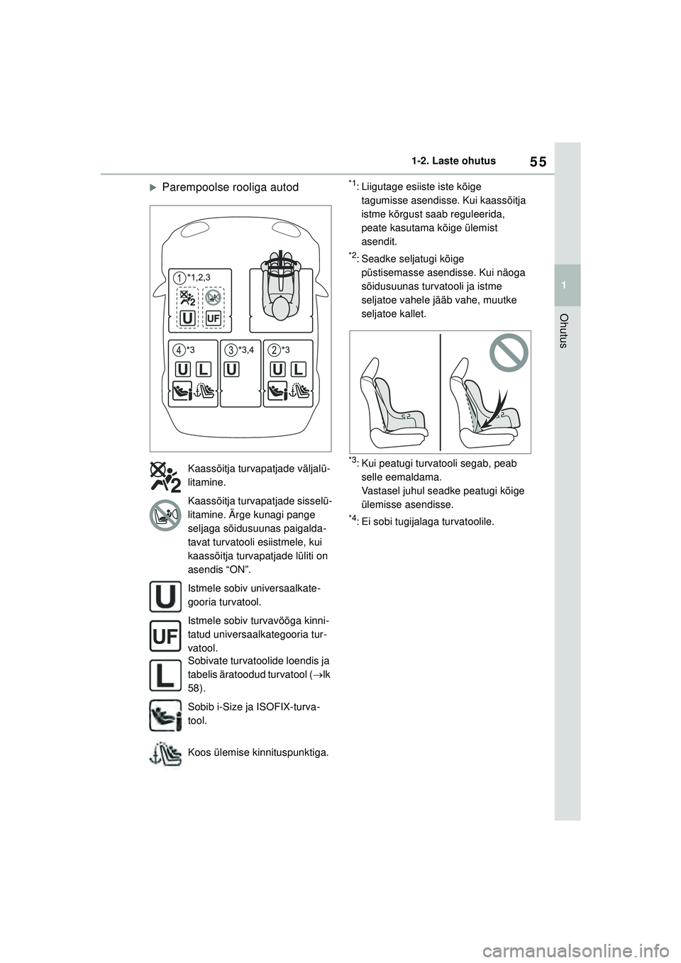 TOYOTA YARIS 2022  Kasutusjuhend (in Estonian) 55
1
Owners Manual_Europe_M52M05_EE
1-2. Laste ohutus
Ohutus
�XParempoolse rooliga autod*1: Liigutage esiiste iste kõige tagumisse asendisse. Kui kaassõitja 
istme kõrgust saab reguleerida, 
peate 