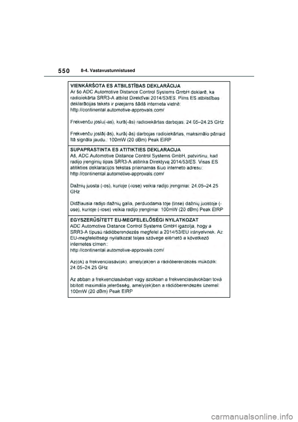TOYOTA YARIS 2022  Kasutusjuhend (in Estonian) 550
Owners Manual_Europe_M52M05_EE
8-4. Vastavustunnistused
Yaris_OM_Europe_OM52M05EE.book  Page 550  Thursday, March 17, 2022  7:54 PM 