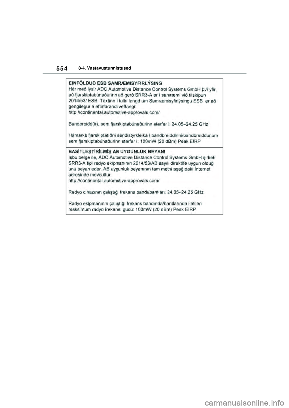 TOYOTA YARIS 2022  Kasutusjuhend (in Estonian) 554
Owners Manual_Europe_M52M05_EE
8-4. Vastavustunnistused
Yaris_OM_Europe_OM52M05EE.book  Page 554  Thursday, March 17, 2022  7:54 PM 