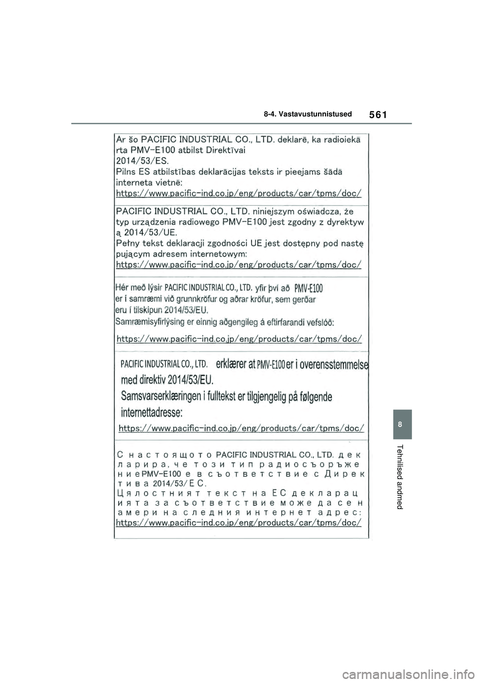 TOYOTA YARIS 2022  Kasutusjuhend (in Estonian) 561
8
Owners Manual_Europe_M52M05_EE
8-4. Vastavustunnistused
Tehnilised andmed
Yaris_OM_Europe_OM52M05EE.book  Page 561  Thursday, March 17, 2022  7:54 PM 