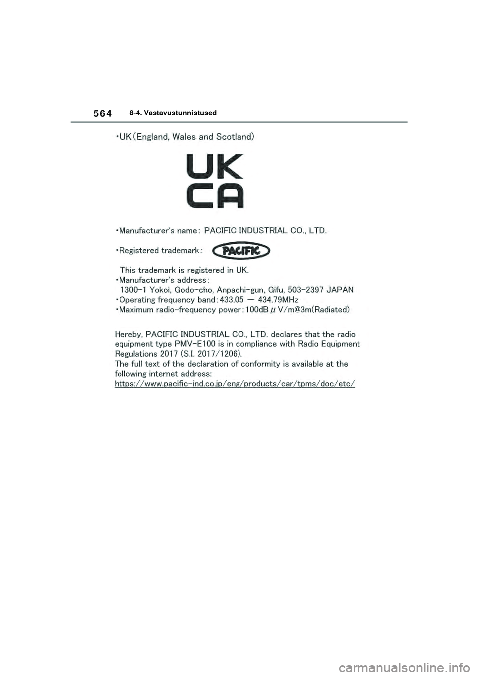 TOYOTA YARIS 2022  Kasutusjuhend (in Estonian) 564
Owners Manual_Europe_M52M05_EE
8-4. Vastavustunnistused
Yaris_OM_Europe_OM52M05EE.book  Page 564  Thursday, March 17, 2022  7:54 PM 