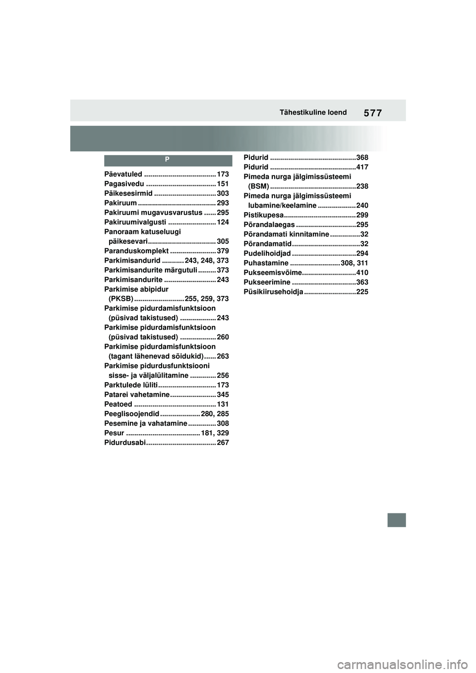 TOYOTA YARIS 2022  Kasutusjuhend (in Estonian) 577
Owners Manual_Europe_M52M05_EE
Tähestikuline loend
P
Päevatuled .................................... 173
Pagasivedu ................................... 151
Päikesesirmid .......................