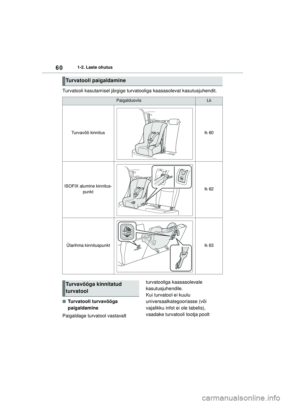 TOYOTA YARIS 2022 Kasutusjuhend (in Estonian) 60
Owners Manual_Europe_M52M05_EE
1-2. Laste ohutus
Turvatooli kasutamisel järgige turvatooliga kaasasolevat kasutusjuhendit.
■Turvatooli turvavööga
paigaldamine
Paigaldage turvatool vastavalt TOYOTA YARIS 2022 Kasutusjuhend (in Estonian) 60
Owners Manual_Europe_M52M05_EE
1-2. Laste ohutus
Turvatooli kasutamisel järgige turvatooliga kaasasolevat kasutusjuhendit.
■Turvatooli turvavööga
paigaldamine
Paigaldage turvatool vastavalt