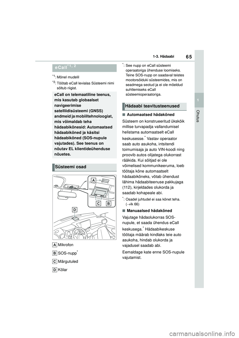 TOYOTA YARIS 2022 Kasutusjuhend (in Estonian) 65
1
Owners Manual_Europe_M52M05_EE
1-3. Hädaabi
Ohutus
1-3.Hädaabi
*1: Mõnel mudelil
*2: Töötab eCall levialas Süsteemi nimi sõltub riigist.
Mikrofon
SOS-nupp
*
Märgutuled
Kõlar
*: See nupp TOYOTA YARIS 2022 Kasutusjuhend (in Estonian) 65
1
Owners Manual_Europe_M52M05_EE
1-3. Hädaabi
Ohutus
1-3.Hädaabi
*1: Mõnel mudelil
*2: Töötab eCall levialas Süsteemi nimi sõltub riigist.
Mikrofon
SOS-nupp
*
Märgutuled
Kõlar
*: See nupp