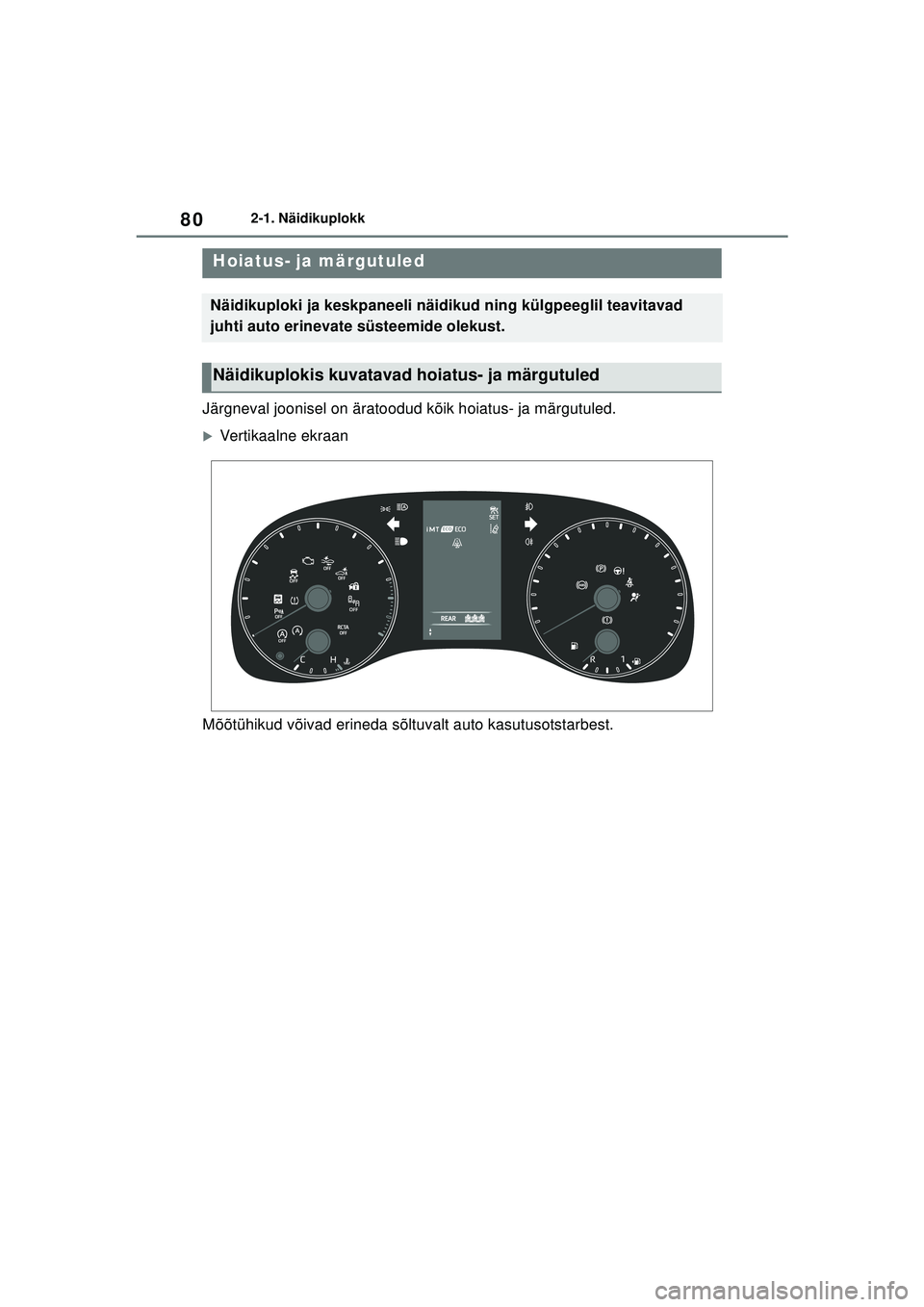 TOYOTA YARIS 2022  Kasutusjuhend (in Estonian) 80
Owners Manual_Europe_M52M05_EE
2-1. Näidikuplokk
2 -1 .Nä idi kupl okk
Järgneval joonisel on äratoodud kõik hoiatus- ja märgutuled.
�XVertikaalne ekraan
Mõõtühikud võivad erineda sõltuva