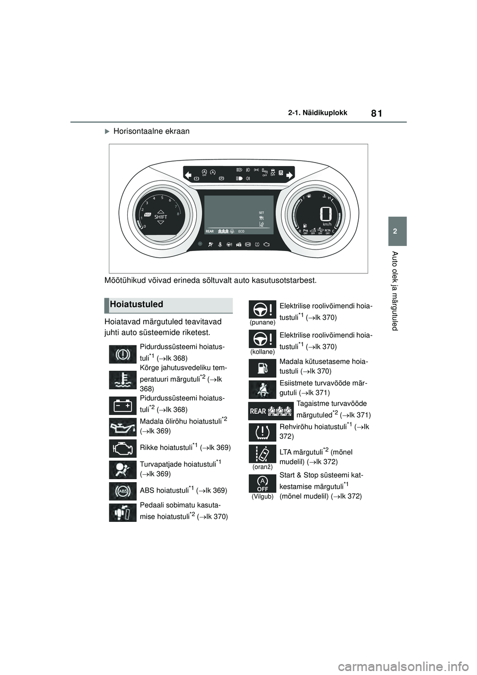 TOYOTA YARIS 2022  Kasutusjuhend (in Estonian) 81
2
Owners Manual_Europe_M52M05_EE
2-1. Näidikuplokk
Auto olek ja märgutuled
�XHorisontaalne ekraan
Mõõtühikud võivad erineda sõltuvalt auto kasutusotstarbest.
Hoiatavad märgutuled teavitavad