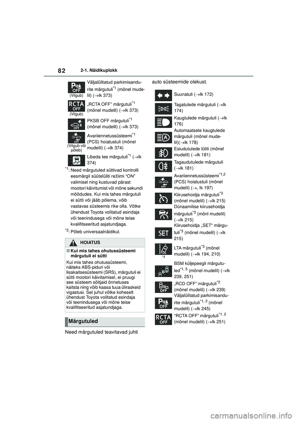 TOYOTA YARIS 2022  Kasutusjuhend (in Estonian) 82
Owners Manual_Europe_M52M05_EE
2-1. Näidikuplokk
*1: Need märgutuled süttivad kontrolli eesmärgil süütelüliti režiimi “ON” 
valimisel ning kustuvad pärast 
mootori käivitumist või m