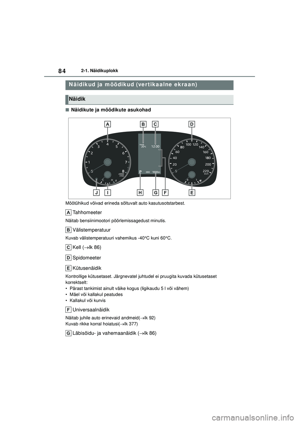 TOYOTA YARIS 2022  Kasutusjuhend (in Estonian) 84
Owners Manual_Europe_M52M05_EE
2-1. Näidikuplokk
■Näidikute ja mõõdikute asukohad
Mõõtühikud võivad erineda sõltuvalt auto kasutusotstarbest.
Tahhomeeter
Näitab bensiinimootori pöörle