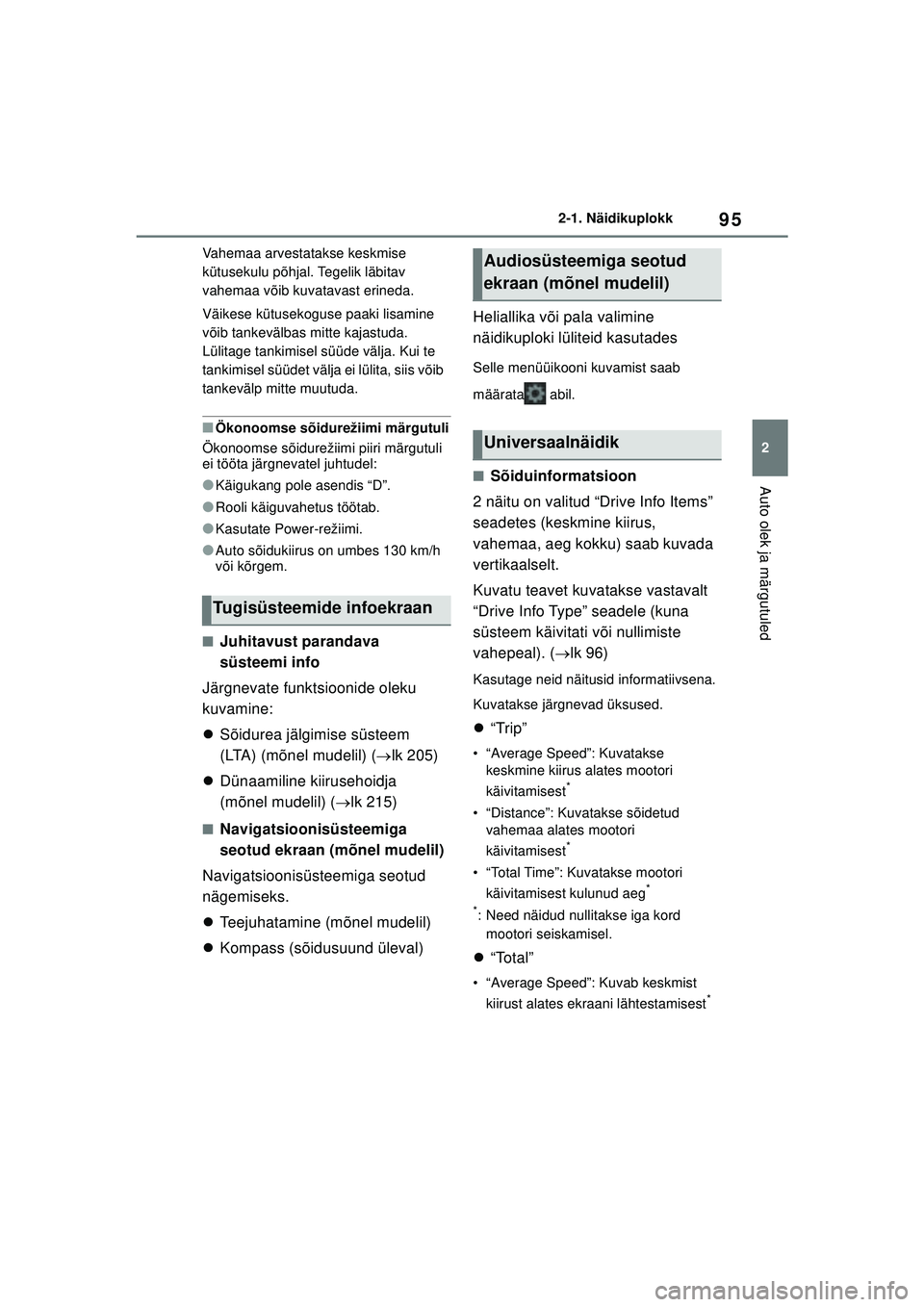 TOYOTA YARIS 2022 Kasutusjuhend (in Estonian) 95
2
Owners Manual_Europe_M52M05_EE
2-1. Näidikuplokk
Auto olek ja märgutuled
Vahemaa arvestatakse keskmise
kütusekulu põhjal. Tegelik läbitav
vahemaa võib kuvatavast erineda.
Väikese kütuse TOYOTA YARIS 2022 Kasutusjuhend (in Estonian) 95
2
Owners Manual_Europe_M52M05_EE
2-1. Näidikuplokk
Auto olek ja märgutuled
Vahemaa arvestatakse keskmise
kütusekulu põhjal. Tegelik läbitav
vahemaa võib kuvatavast erineda.
Väikese kütuse