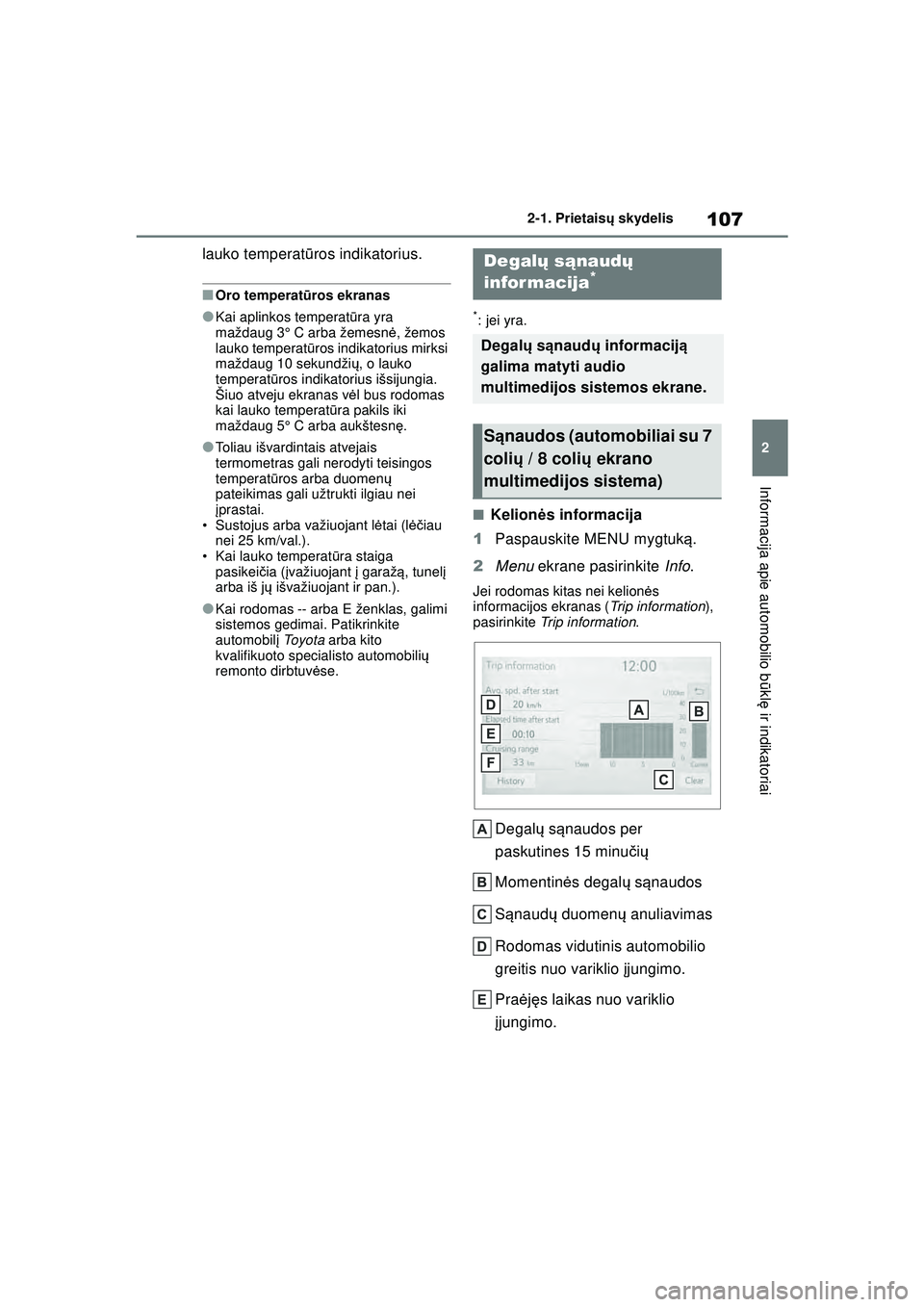 TOYOTA YARIS 2022 Eksploatavimo vadovas (in Lithuanian) 107
2
Owners Manual_Europe_M52M05_LT
2-1. Prietaisų skydelis
Informacija apie automobilio b ūkl ę ir indikatoriai
lauko temperat ūros indikatorius.
■Oro temperat ūros ekranas
●Kai aplinkos te TOYOTA YARIS 2022 Eksploatavimo vadovas (in Lithuanian) 107
2
Owners Manual_Europe_M52M05_LT
2-1. Prietaisų skydelis
Informacija apie automobilio b ūkl ę ir indikatoriai
lauko temperat ūros indikatorius.
■Oro temperat ūros ekranas
●Kai aplinkos te