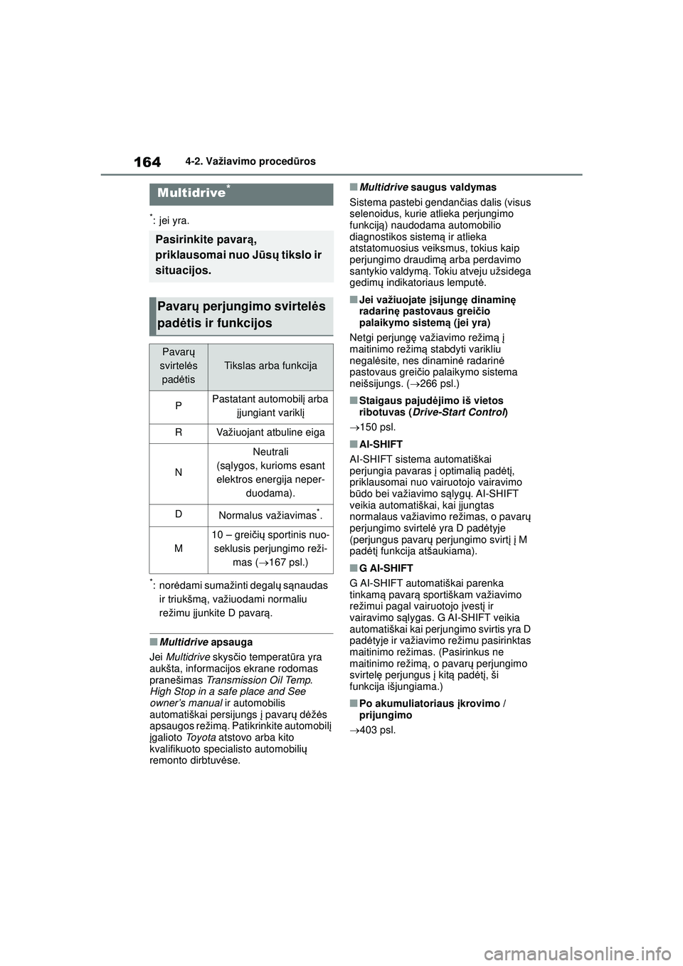 TOYOTA YARIS 2022  Eksploatavimo vadovas (in Lithuanian) 164
Owners Manual_Europe_M52M05_LT
4-2. Važiavimo procedūros
*:jei yra.
*: norėdami sumažinti degal ų s ąnaudas 
ir triukšm ą, važiuodami normaliu 
režimu  įjunkite D pavar ą.
■Multidriv