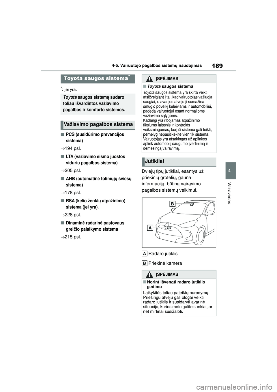 TOYOTA YARIS 2022  Eksploatavimo vadovas (in Lithuanian) 189
4
Owners Manual_Europe_M52M05_LT
4-5. Vairuotojo pagalbos sistemų naudojimas
Vairavimas
4 -5 .Va ir uotojo pa ga lbos  s is tem ų na udoji ma s
*:jei yra.
■PCS (susid ūrimo prevencijos 
siste