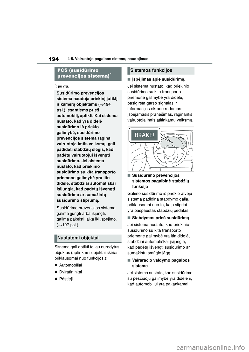 TOYOTA YARIS 2022 Eksploatavimo vadovas (in Lithuanian) 194
Owners Manual_Europe_M52M05_LT
4-5. Vairuotojo pagalbos sistemų naudojimas
*:jei yra.
Sistema gali aptikti toliau nurodytus
objektus (aptinkami objektai skiriasi
priklausomai nuo funkcijos.):
TOYOTA YARIS 2022 Eksploatavimo vadovas (in Lithuanian) 194
Owners Manual_Europe_M52M05_LT
4-5. Vairuotojo pagalbos sistemų naudojimas
*:jei yra.
Sistema gali aptikti toliau nurodytus
objektus (aptinkami objektai skiriasi
priklausomai nuo funkcijos.):