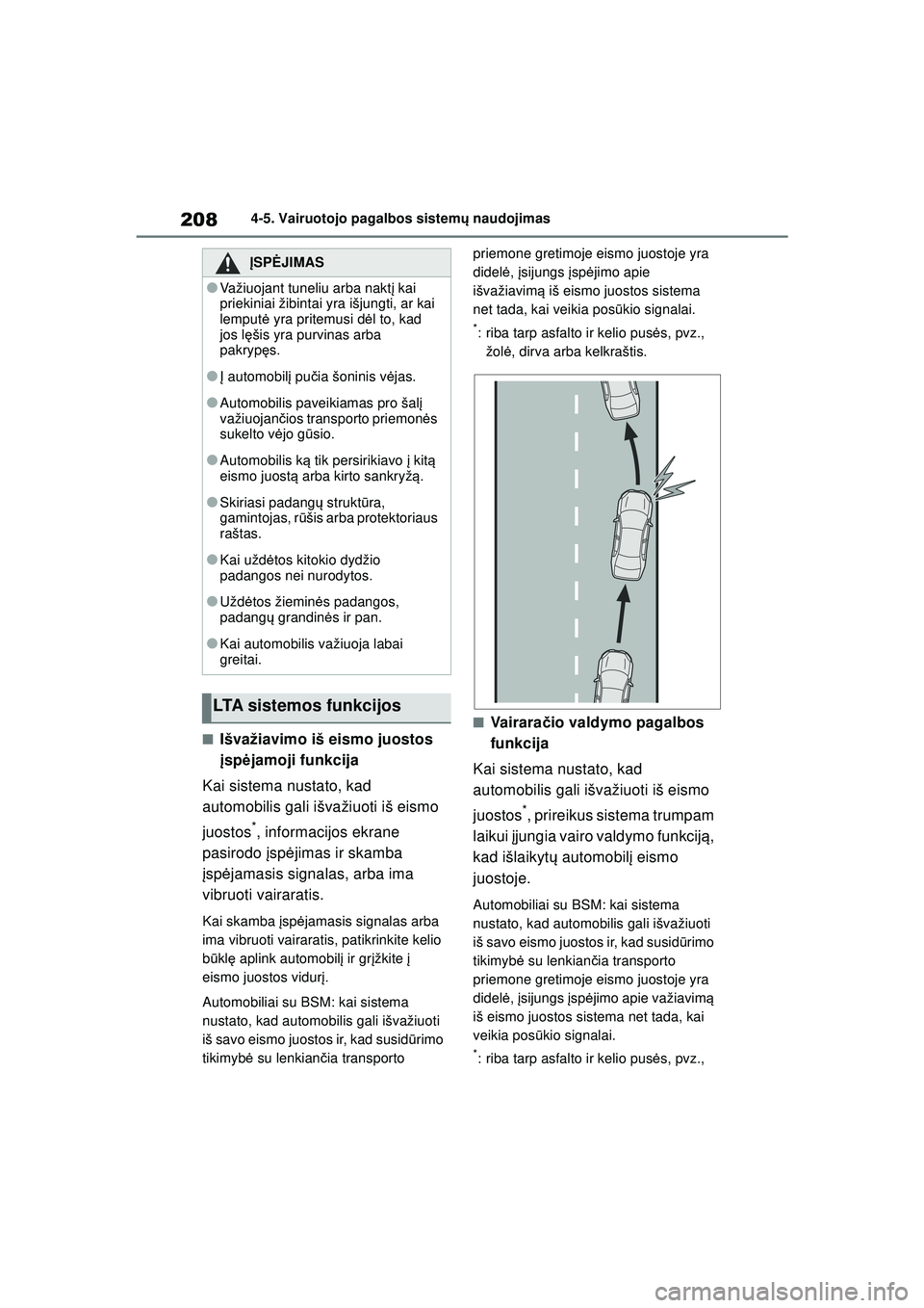 TOYOTA YARIS 2022 Eksploatavimo vadovas (in Lithuanian) 208
Owners Manual_Europe_M52M05_LT
4-5. Vairuotojo pagalbos sistemų naudojimas
■Išvažiavimo iš eismo juostos
įsp ėjamoji funkcija
Kai sistema nustato, kad
automobilis gali išvažiuoti iš e TOYOTA YARIS 2022 Eksploatavimo vadovas (in Lithuanian) 208
Owners Manual_Europe_M52M05_LT
4-5. Vairuotojo pagalbos sistemų naudojimas
■Išvažiavimo iš eismo juostos
įsp ėjamoji funkcija
Kai sistema nustato, kad
automobilis gali išvažiuoti iš e