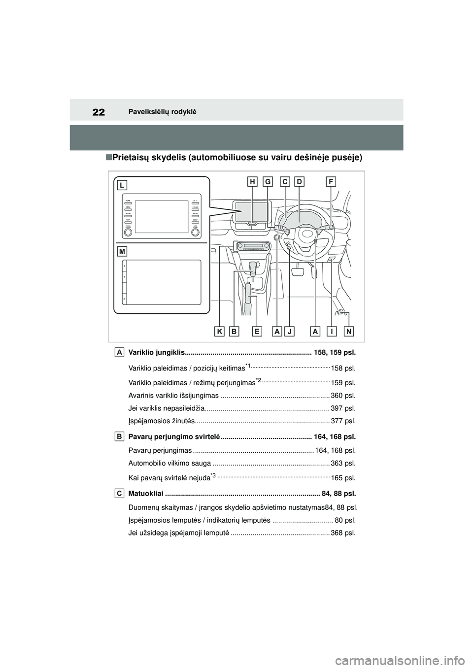 TOYOTA YARIS 2022  Eksploatavimo vadovas (in Lithuanian) 22
Owners Manual_Europe_M52M05_LT
Paveikslėlių  rodykl ė
■Prietais ų skydelis (automobiliuose su vairu dešin ėje pus ėje)
Variklio jungiklis...................................................