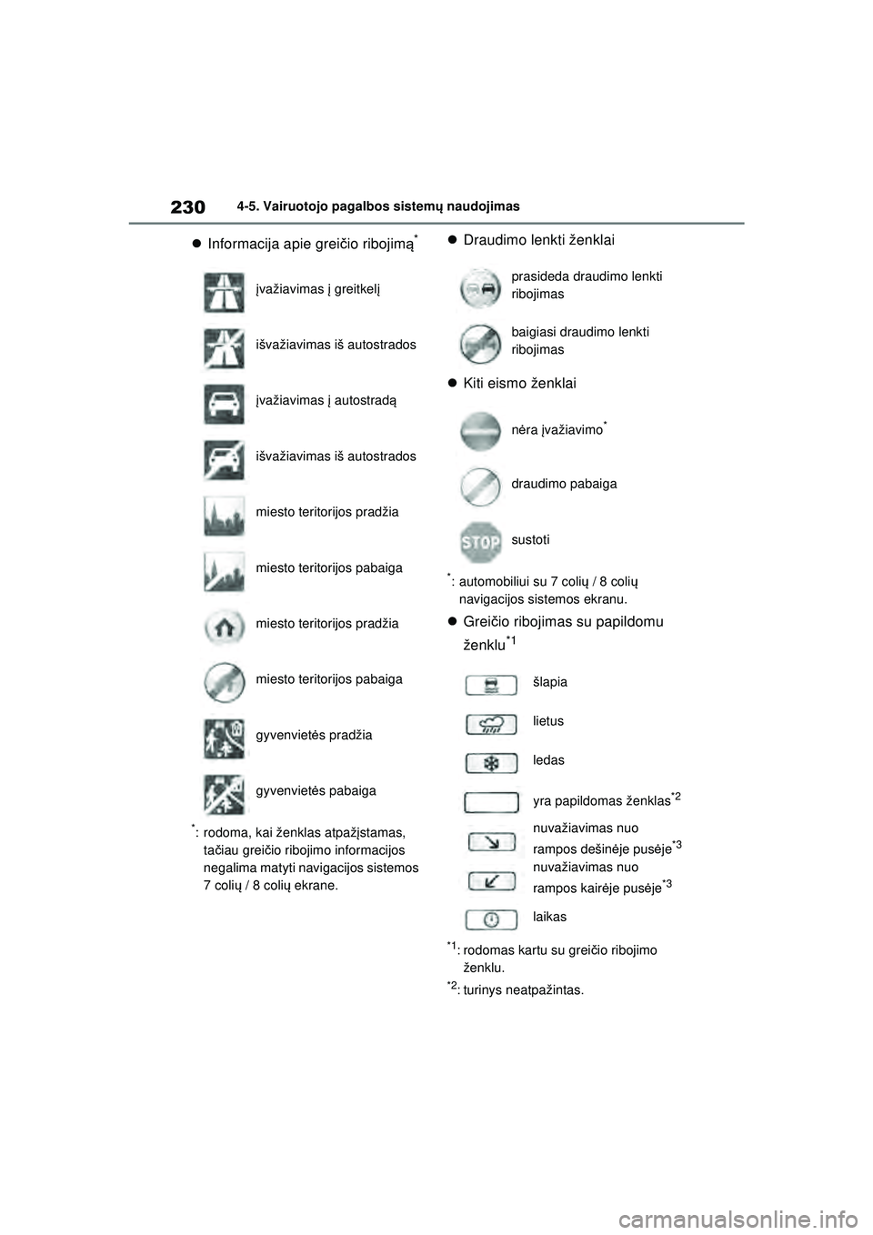 TOYOTA YARIS 2022 Eksploatavimo vadovas (in Lithuanian) 230
Owners Manual_Europe_M52M05_LT
4-5. Vairuotojo pagalbos sistemų naudojimas
Informacija apie grei čio ribojim ą*
*: rodoma, kai ženklas atpaž įstamas,
ta čiau grei čio ribojimo informa TOYOTA YARIS 2022 Eksploatavimo vadovas (in Lithuanian) 230
Owners Manual_Europe_M52M05_LT
4-5. Vairuotojo pagalbos sistemų naudojimas
Informacija apie grei čio ribojim ą*
*: rodoma, kai ženklas atpaž įstamas,
ta čiau grei čio ribojimo informa