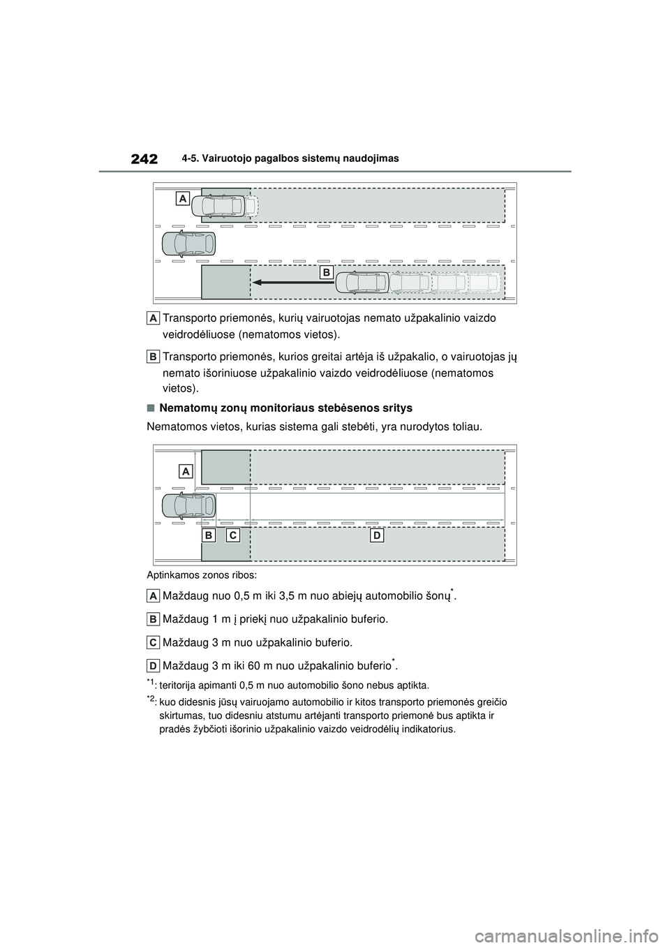 TOYOTA YARIS 2022  Eksploatavimo vadovas (in Lithuanian) 242
Owners Manual_Europe_M52M05_LT
4-5. Vairuotojo pagalbos sistemų naudojimas
Transporto priemon ės, kuri ų vairuotojas nemato užpakalinio vaizdo 
veidrod ėliuose (nematomos vietos).
Transporto 
