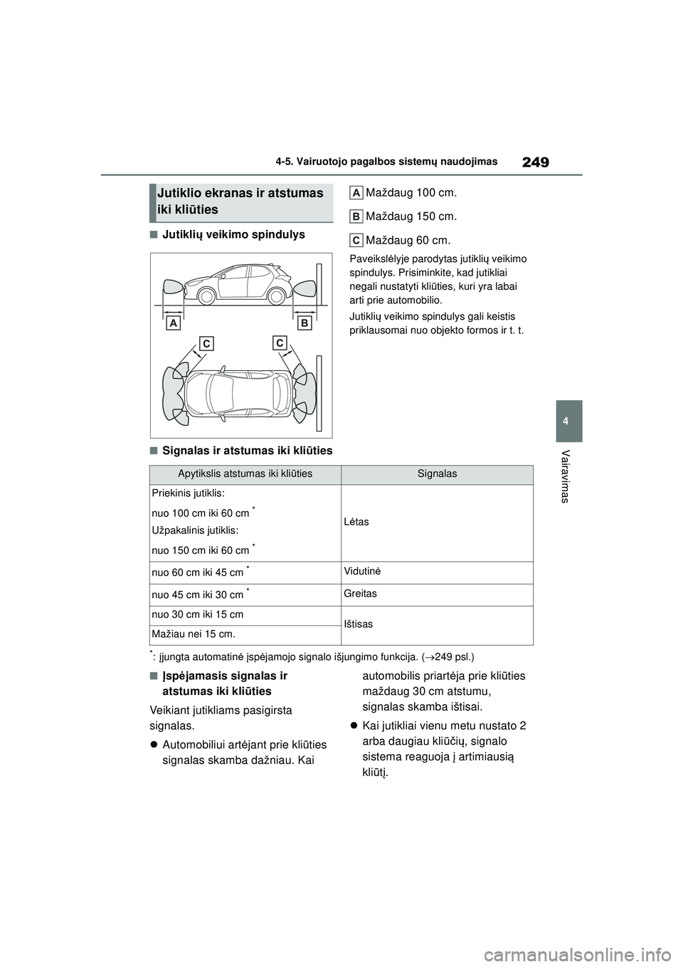 TOYOTA YARIS 2022  Eksploatavimo vadovas (in Lithuanian) 249
4
Owners Manual_Europe_M52M05_LT
4-5. Vairuotojo pagalbos sistemų naudojimas
Vairavimas
■Jutikli ų veikimo spindulys Maždaug 100 cm.
Maždaug 150 cm.
Maždaug 60 cm.
Paveiksl
ėlyje parodytas
