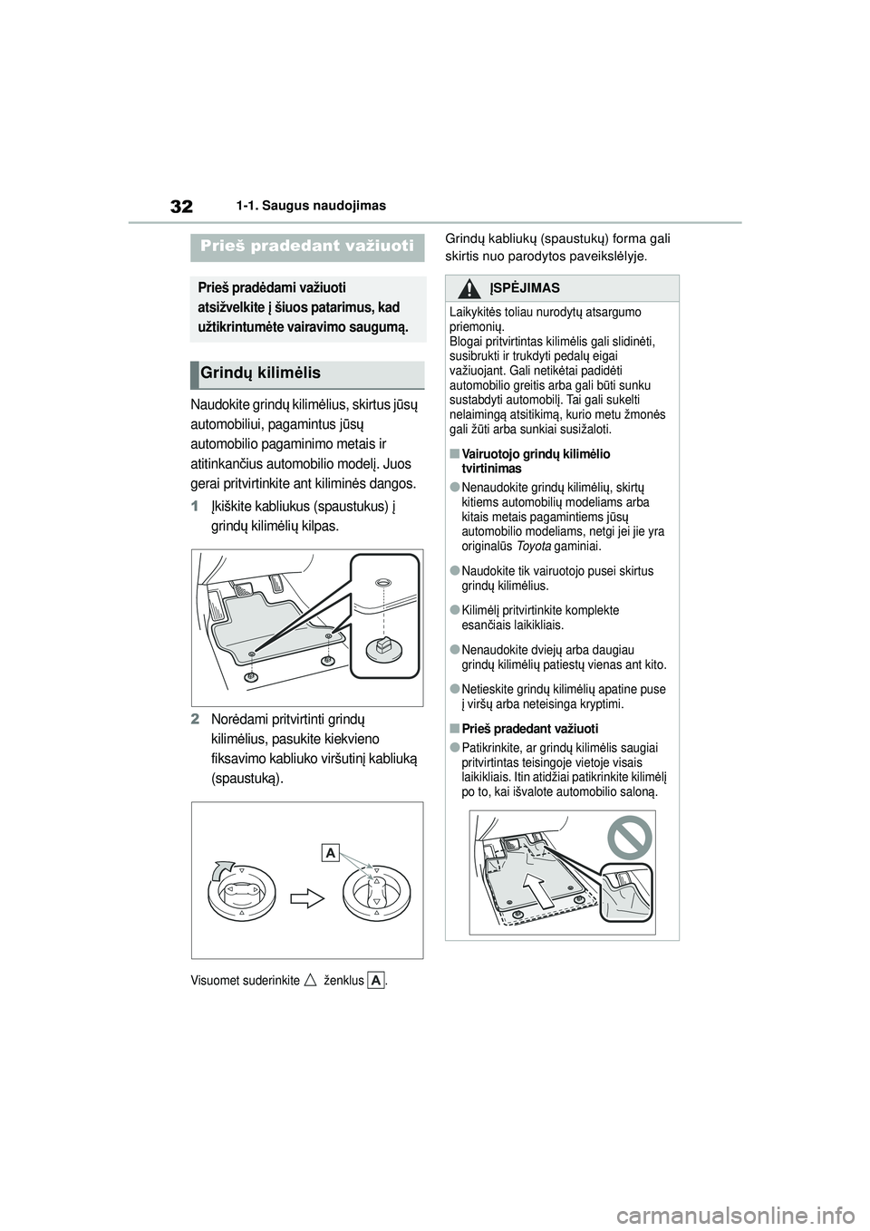 TOYOTA YARIS 2022  Eksploatavimo vadovas (in Lithuanian) 32
Owners Manual_Europe_M52M05_LT
1-1. Saugus naudojimas
1 -1 .S au gus naud ojim as
Naudokite grindų kilim ėlius, skirtus j ūsų  
automobiliui, pagamintus j ūsų  
automobilio pagaminimo metais 