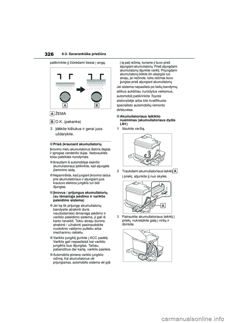 TOYOTA YARIS 2022  Eksploatavimo vadovas (in Lithuanian) 326
Owners Manual_Europe_M52M05_LT
6-3. Savarankiška priežiūra
patikrinkite j į ži ūrė dami tiesiai į  angą.
ŽEMA
O.K. (pakanka)
3 Įd ėkite kištukus ir gerai juos 
uždarykite.
■Prieš 