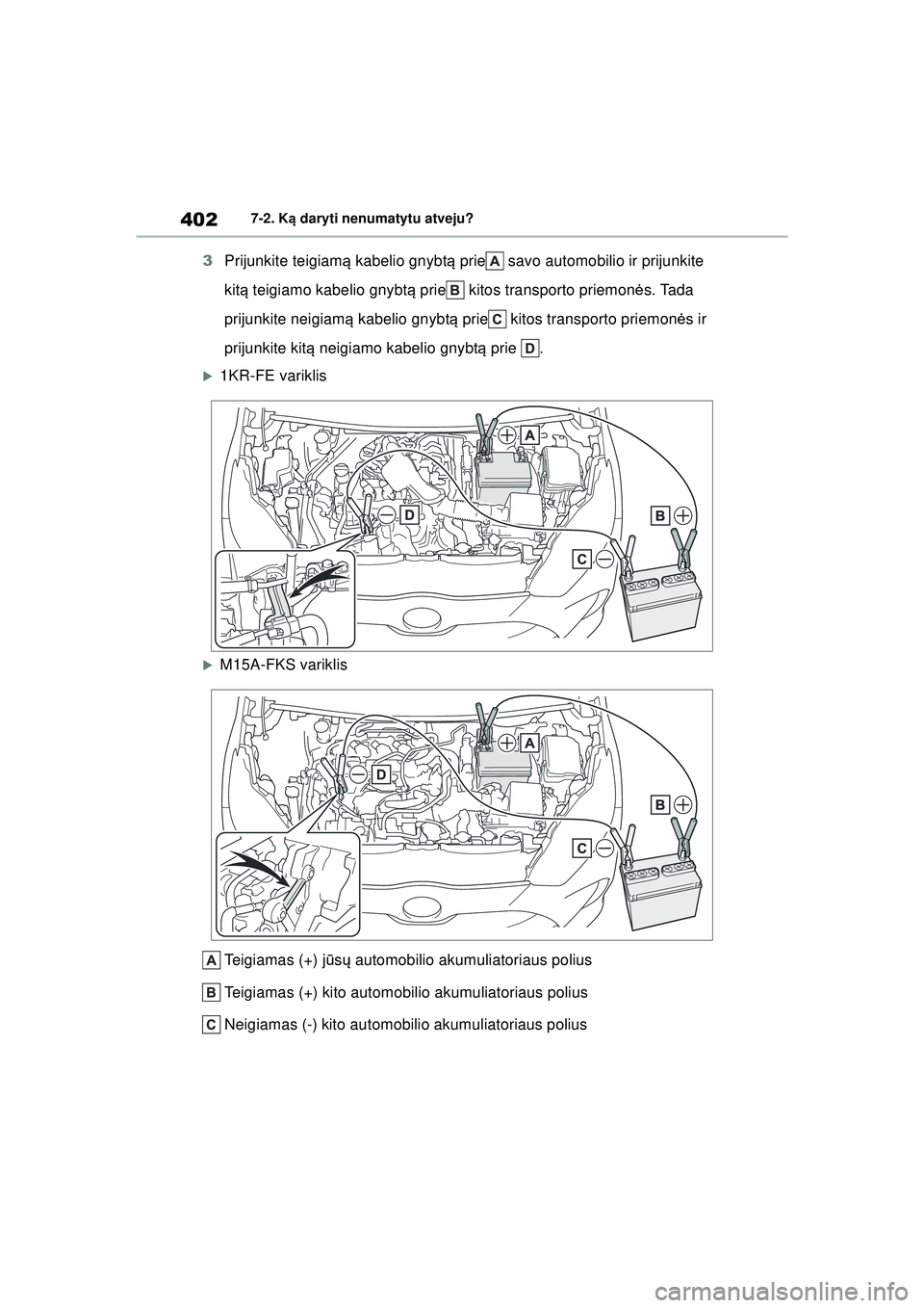 TOYOTA YARIS 2022 Eksploatavimo vadovas (in Lithuanian) 402
Owners Manual_Europe_M52M05_LT
7-2. Ką daryti nenumatytu atveju?
3 Prijunkite teigiam ą kabelio gnybt ą prie savo automobilio ir prijunkite
kit ą teigiamo kabelio gnybt ą prie kitos transp TOYOTA YARIS 2022 Eksploatavimo vadovas (in Lithuanian) 402
Owners Manual_Europe_M52M05_LT
7-2. Ką daryti nenumatytu atveju?
3 Prijunkite teigiam ą kabelio gnybt ą prie savo automobilio ir prijunkite
kit ą teigiamo kabelio gnybt ą prie kitos transp