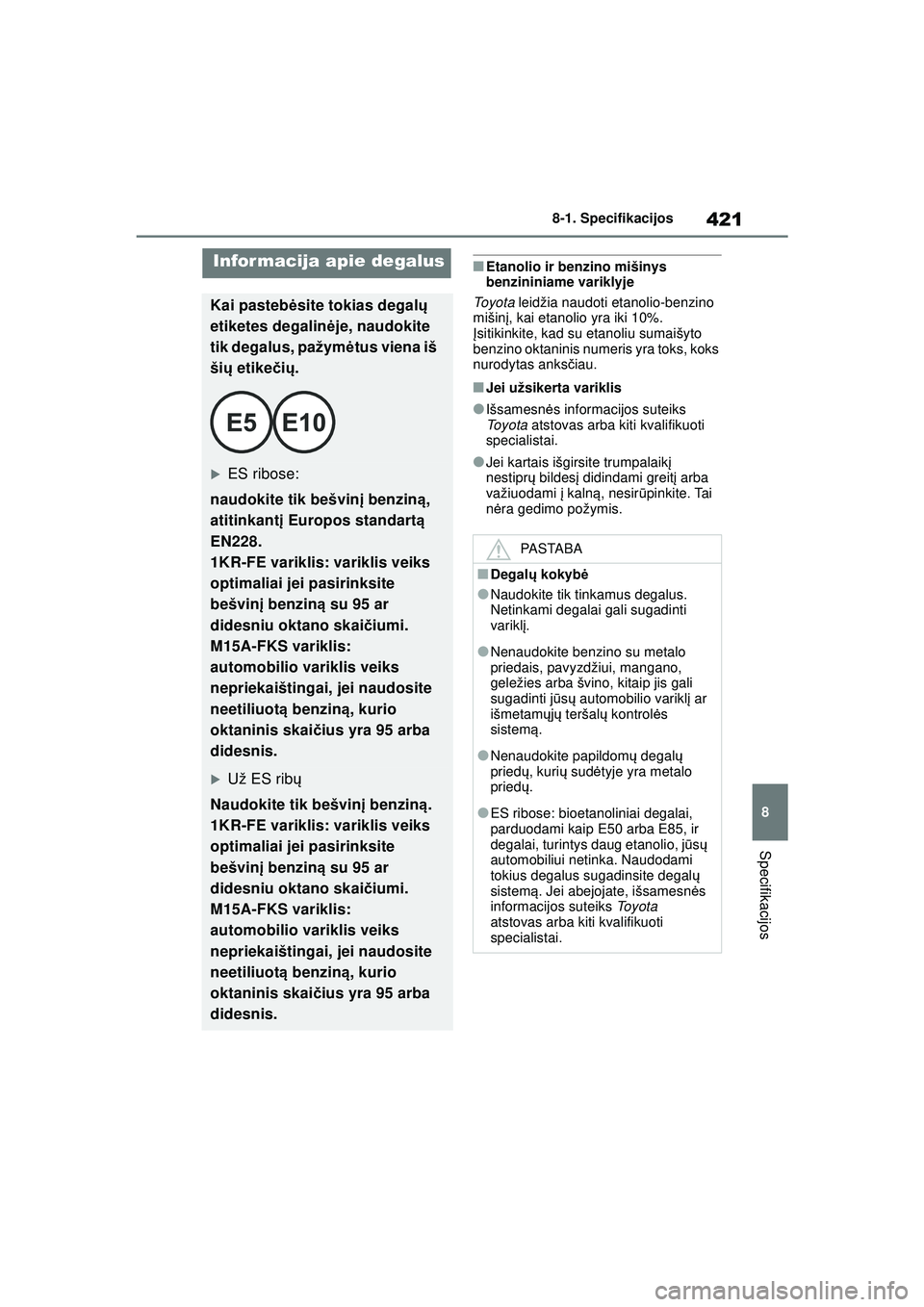 TOYOTA YARIS 2022 Eksploatavimo vadovas (in Lithuanian) 421
8
Owners Manual_Europe_M52M05_LT
8-1. Specifikacijos
Specifikacijos
■Etanolio ir benzino mišinys
benzininiame variklyje
To y o t a leidžia naudoti etanolio-benzino
mišin į, kai etanolio y TOYOTA YARIS 2022 Eksploatavimo vadovas (in Lithuanian) 421
8
Owners Manual_Europe_M52M05_LT
8-1. Specifikacijos
Specifikacijos
■Etanolio ir benzino mišinys
benzininiame variklyje
To y o t a leidžia naudoti etanolio-benzino
mišin į, kai etanolio y