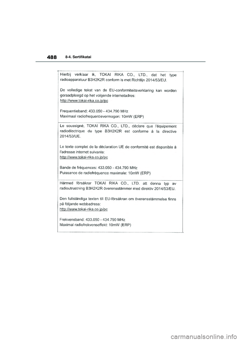 TOYOTA YARIS 2022  Eksploatavimo vadovas (in Lithuanian) 488
Owners Manual_Europe_M52M05_LT
8-4. Sertifikatai
Yaris_OM_Europe_OM52M05LT.book  Page 488  Thursday, March 17, 2022  7:40 PM 