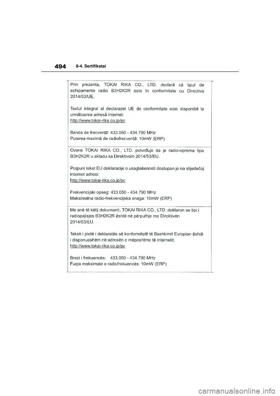 TOYOTA YARIS 2022  Eksploatavimo vadovas (in Lithuanian) 494
Owners Manual_Europe_M52M05_LT
8-4. Sertifikatai
Yaris_OM_Europe_OM52M05LT.book  Page 494  Thursday, March 17, 2022  7:40 PM 