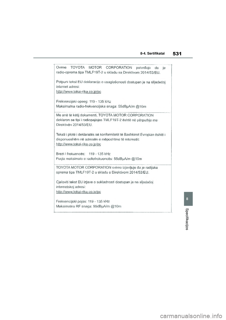 TOYOTA YARIS 2022  Eksploatavimo vadovas (in Lithuanian) 531
8
Owners Manual_Europe_M52M05_LT
8-4. Sertifikatai
Specifikacijos
Yaris_OM_Europe_OM52M05LT.book  Page 531  Thursday, March 17, 2022  7:40 PM 