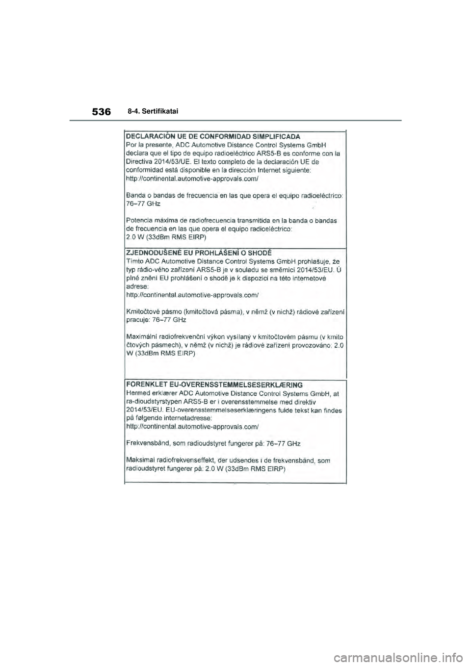 TOYOTA YARIS 2022  Eksploatavimo vadovas (in Lithuanian) 536
Owners Manual_Europe_M52M05_LT
8-4. Sertifikatai
Yaris_OM_Europe_OM52M05LT.book  Page 536  Thursday, March 17, 2022  7:40 PM 