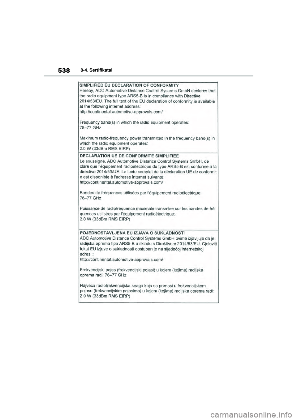 TOYOTA YARIS 2022  Eksploatavimo vadovas (in Lithuanian) 538
Owners Manual_Europe_M52M05_LT
8-4. Sertifikatai
Yaris_OM_Europe_OM52M05LT.book  Page 538  Thursday, March 17, 2022  7:40 PM 