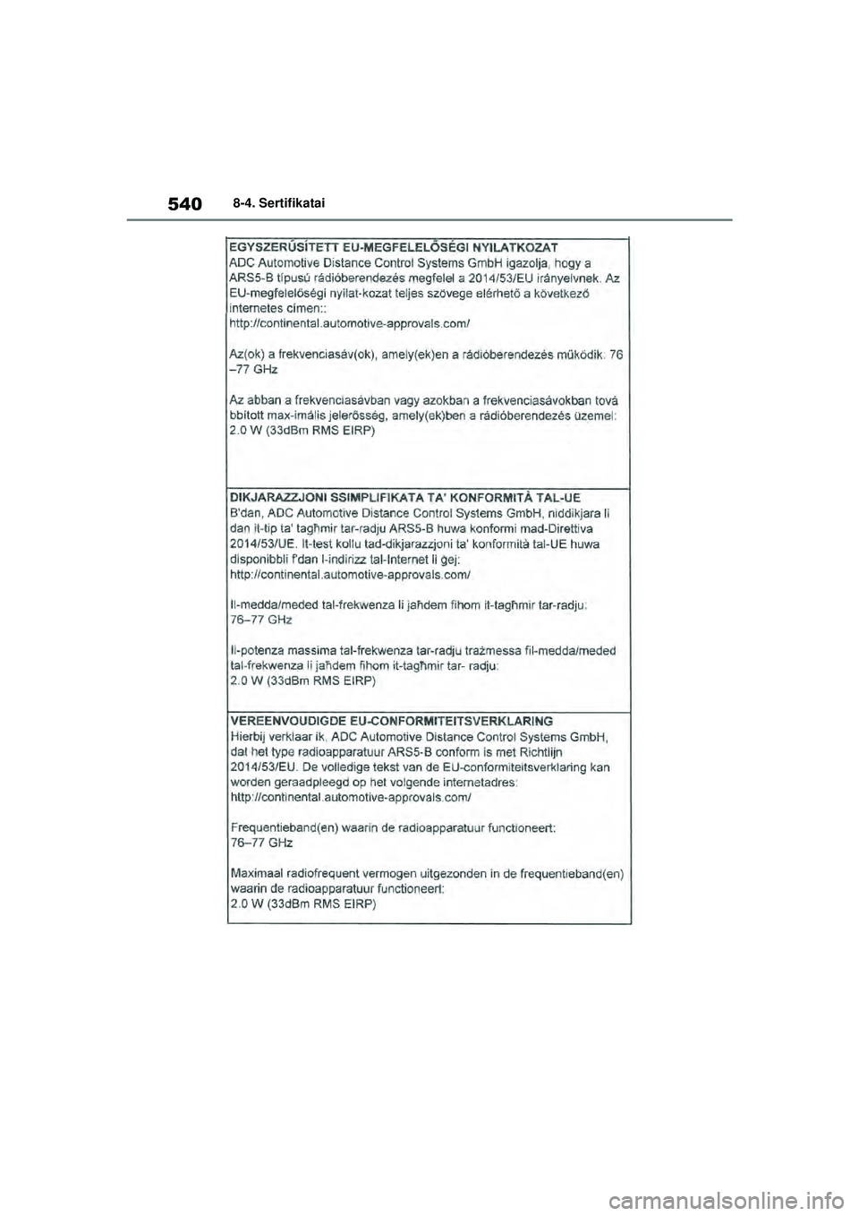 TOYOTA YARIS 2022  Eksploatavimo vadovas (in Lithuanian) 540
Owners Manual_Europe_M52M05_LT
8-4. Sertifikatai
Yaris_OM_Europe_OM52M05LT.book  Page 540  Thursday, March 17, 2022  7:40 PM 