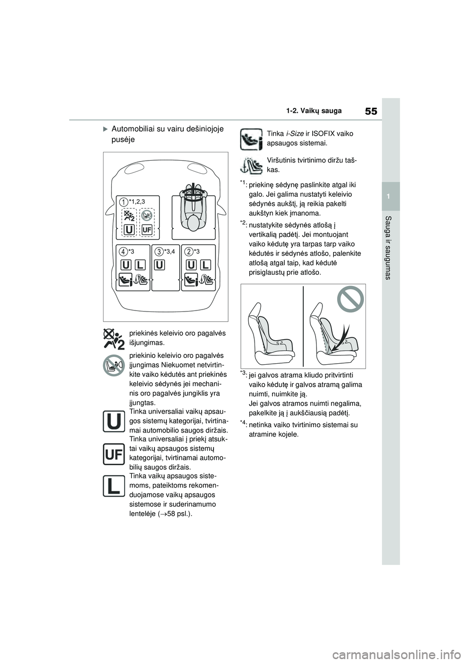 TOYOTA YARIS 2022  Eksploatavimo vadovas (in Lithuanian) 55
1
Owners Manual_Europe_M52M05_LT
1-2. Vaikų sauga
Sauga ir saugumas
�XAutomobiliai su vairu dešiniojoje 
pus ėje
*1:priekin ę s ėdyn ę paslinkite atgal iki 
galo. Jei galima nustatyti keleivi